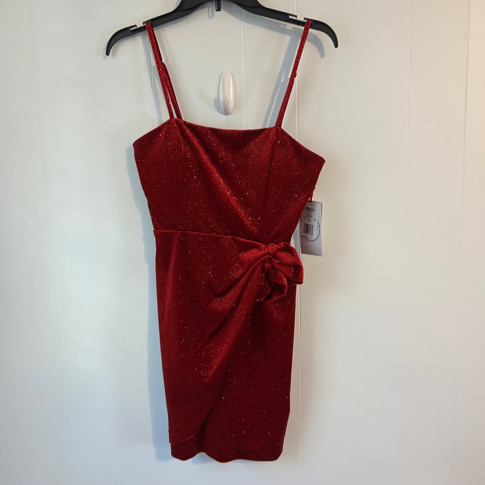 Violet weekendRed Glitter‎ Spaghetti Strap Mini Dress Side Bow  Womens Size 3/4